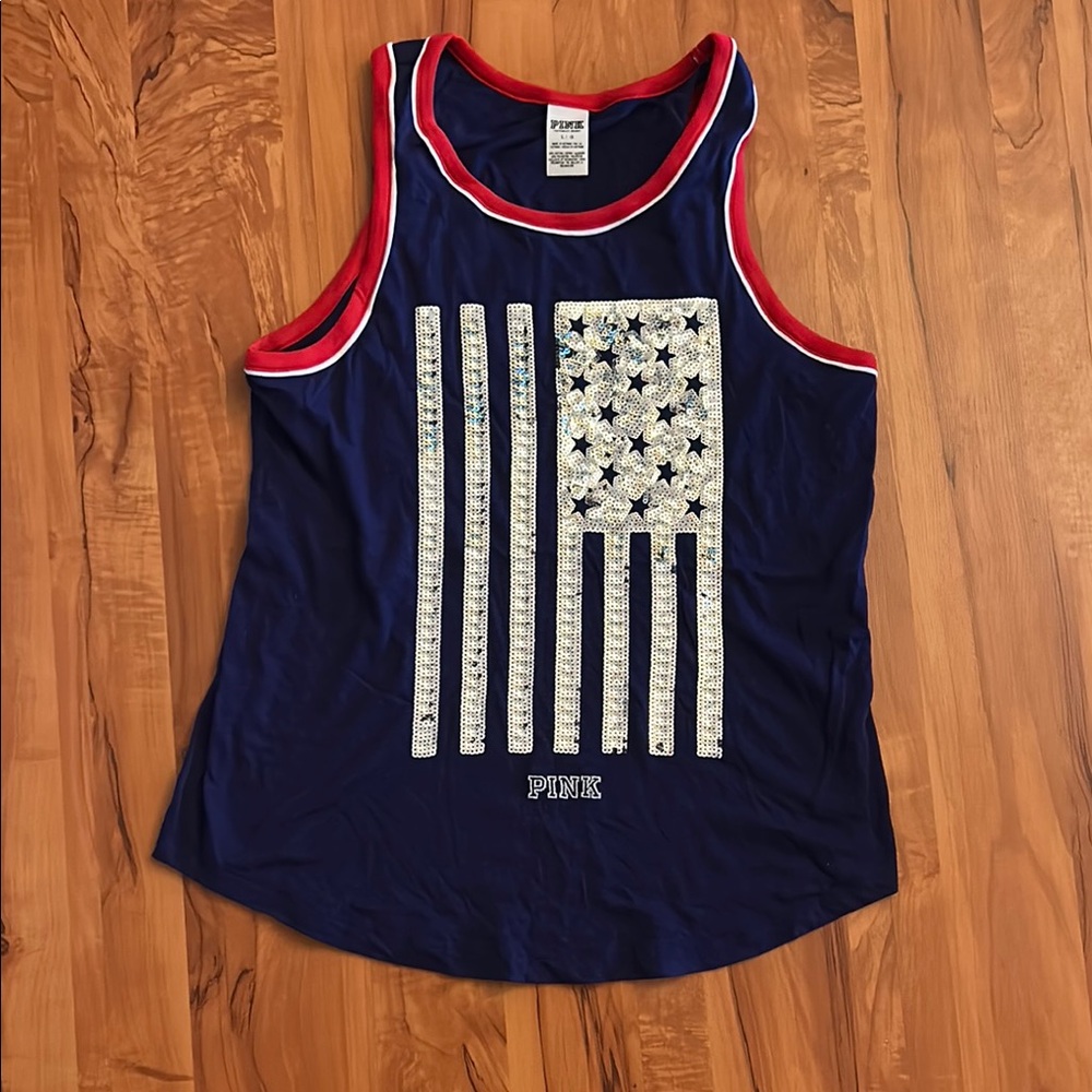 PINK Victoria's Secret Blue Tank with Sequined Flag